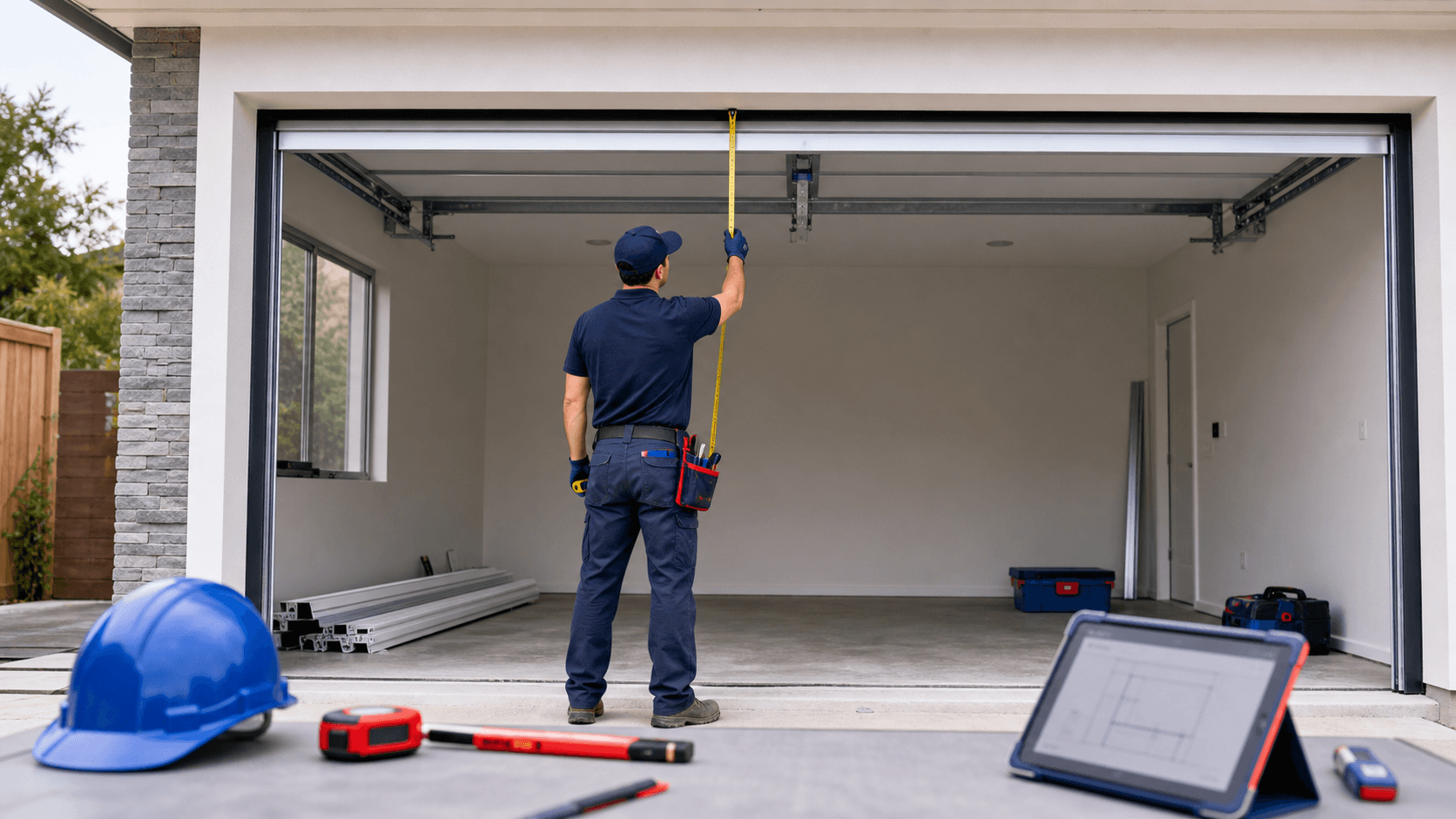 Installer measuring a residential garage door opening