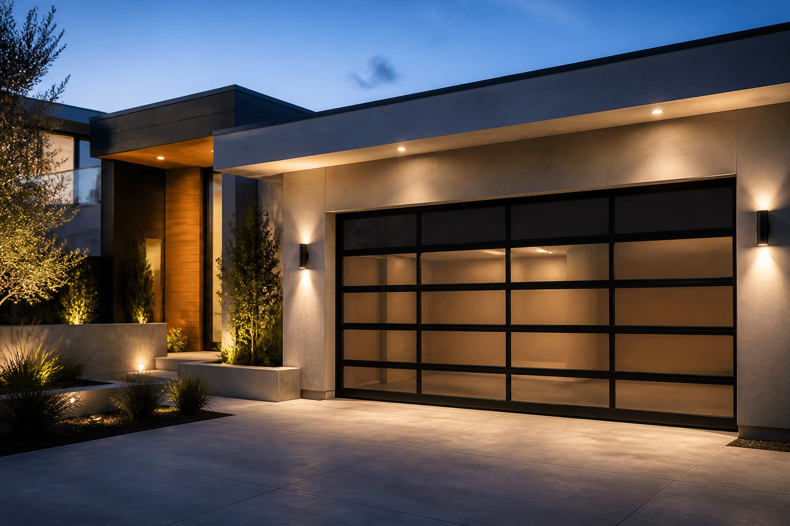 Contemporary villa with a full-view aluminum glass garage door